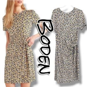 Boden Knot Front Jersey Dress Floral Black Yellow Short Sleeve 12L Cottagecore
